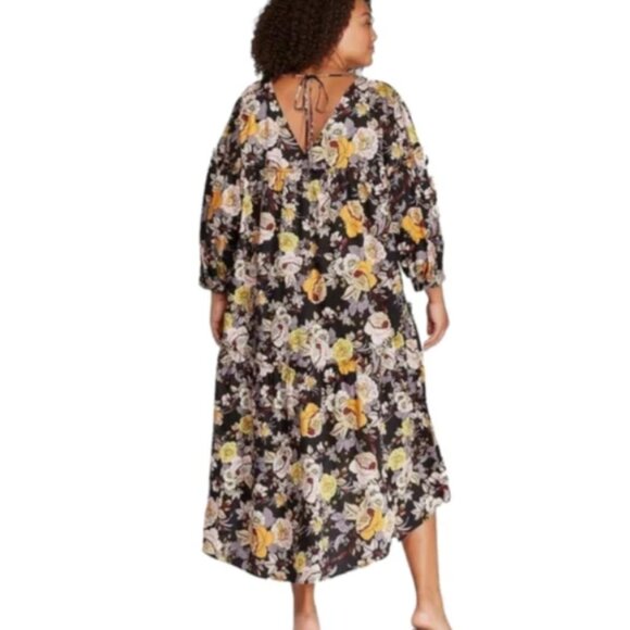 Who What Wear Black With Orange/Pink Floral Pattern Midi Dress NWT 2x! - Picture 3 of 5